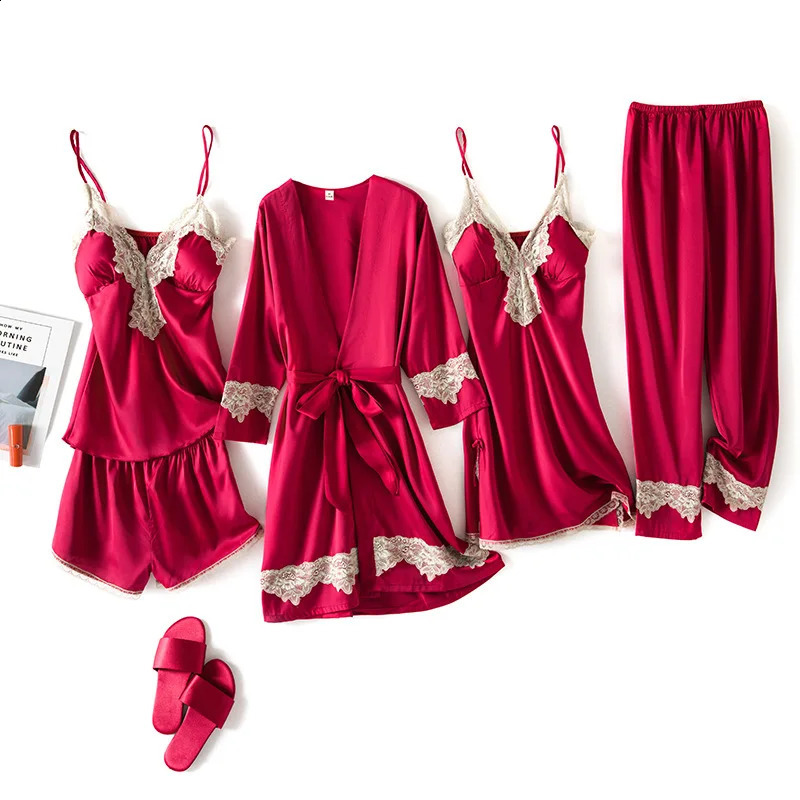 Summer 5 Pcs Set Women Pyjama Satin High Quality Sexy Leopard Sleepwear With Chest Pad Pajamas 250319