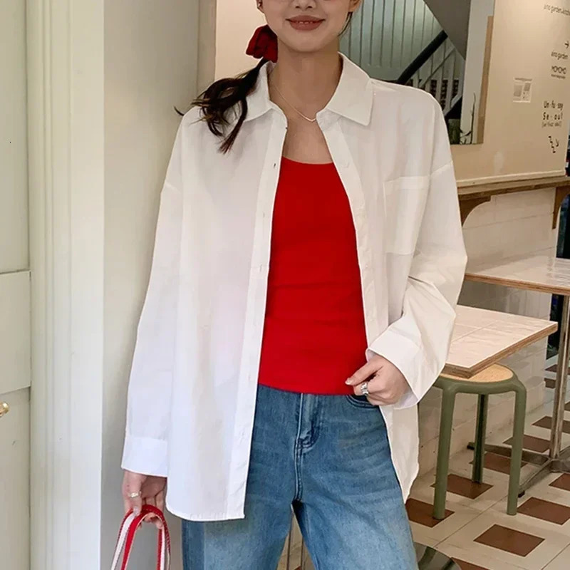 Women Spring Autumn Korean Cotton Blouse Fashion Clothes Loose Shirts Lady Casual Long Sleeve Turn-Down Collar Button Tops Mujer 250320