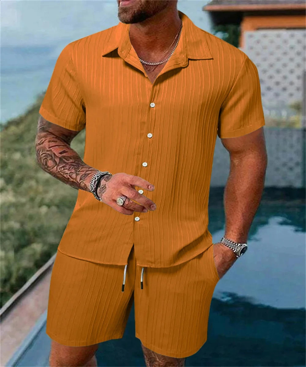 Mens solid color loose short sleeved sportswear striped fitness and leisure top beach shorts mens summer fashion trend 250319