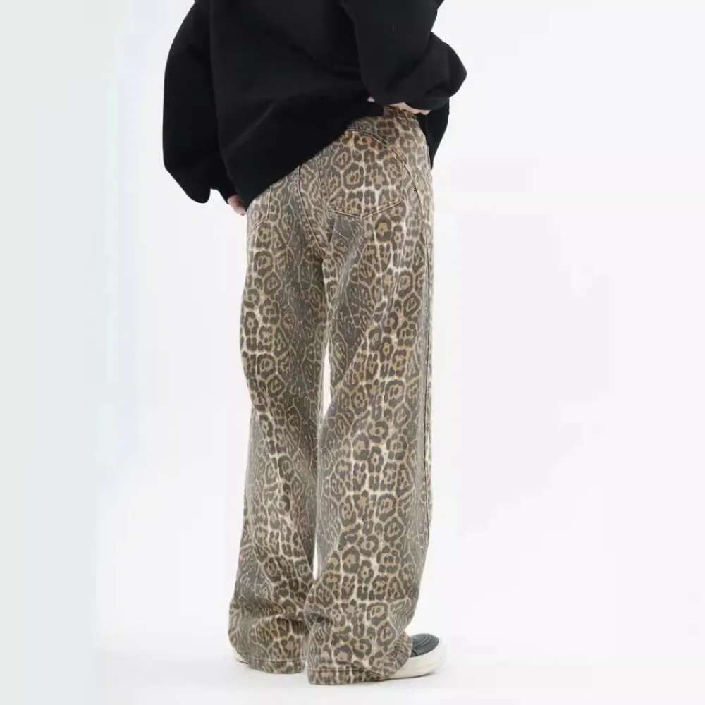 Designer Jeans Retro Fashion Street Y2k Men's And Women's Leopard Print Jeans High Street Loose Straight Trendy Brand Wide Leg Pants Men