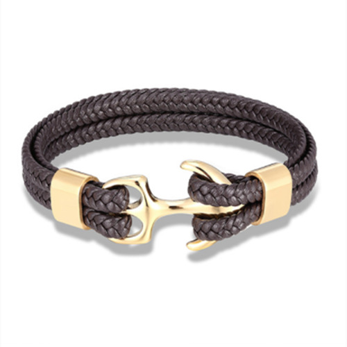 Stylish Men's Black Braided Leather Bracelet Featuring Anchor Motif in Titanium Steel