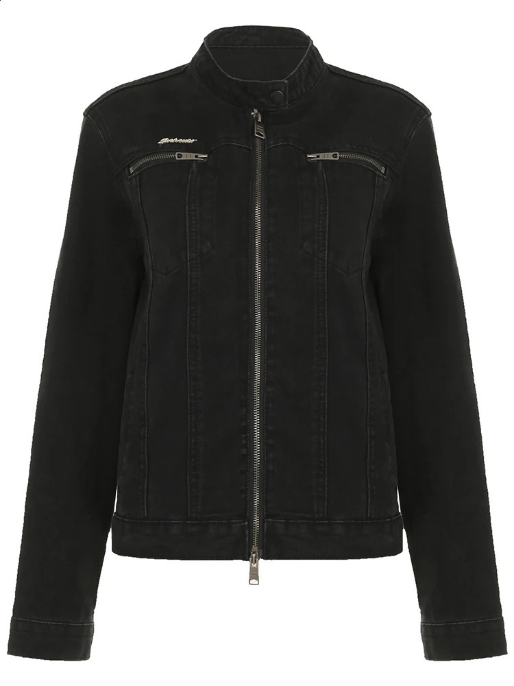 Rockmore Streetwear Double Zipper Denim Jacket Solid Retro Long Sleeve Harajuku Product Style Womens 250319
