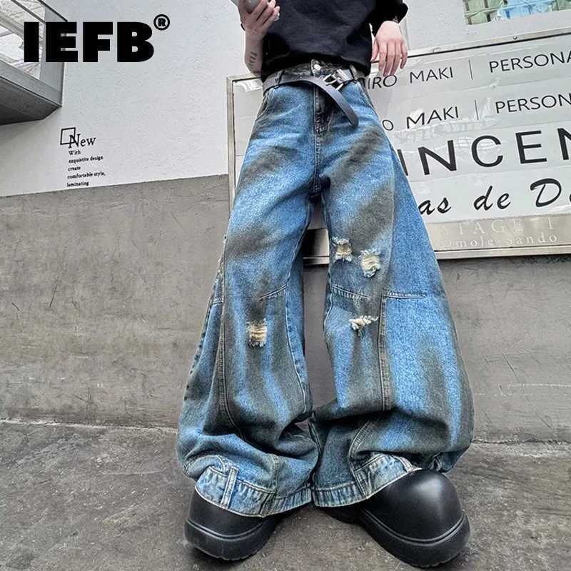IEFB American Style Mens Jeans Dirty-dye Flip Design Wide Leg Pants High Street MenWear Male Denim Trousers New Stylish 9C7025T250319