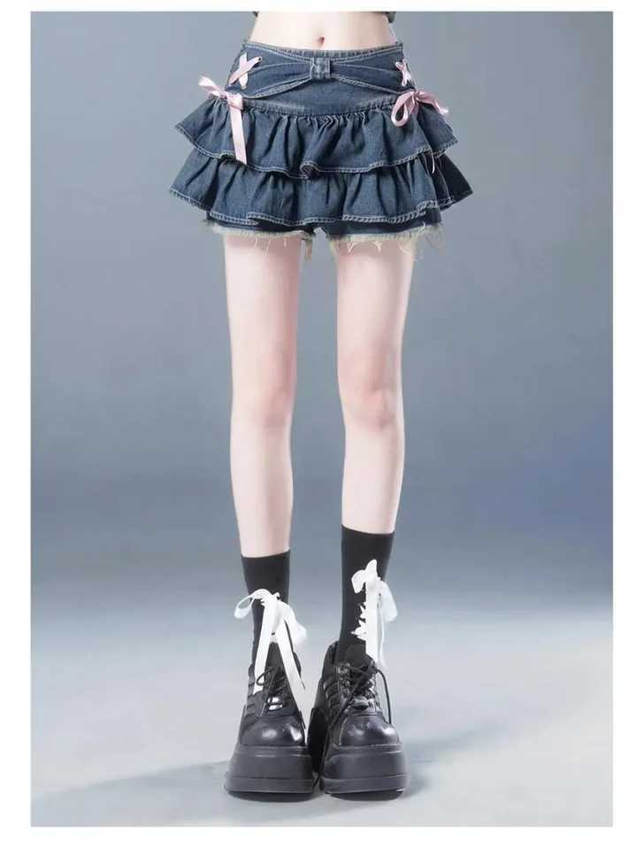 New Fashion Womens Hot Girl Sweet Kaye Bow Retro Y2k Clothing American Street Clothing Sexy Summer A-line Gothic Mini Cowboy SkirtXJ250320