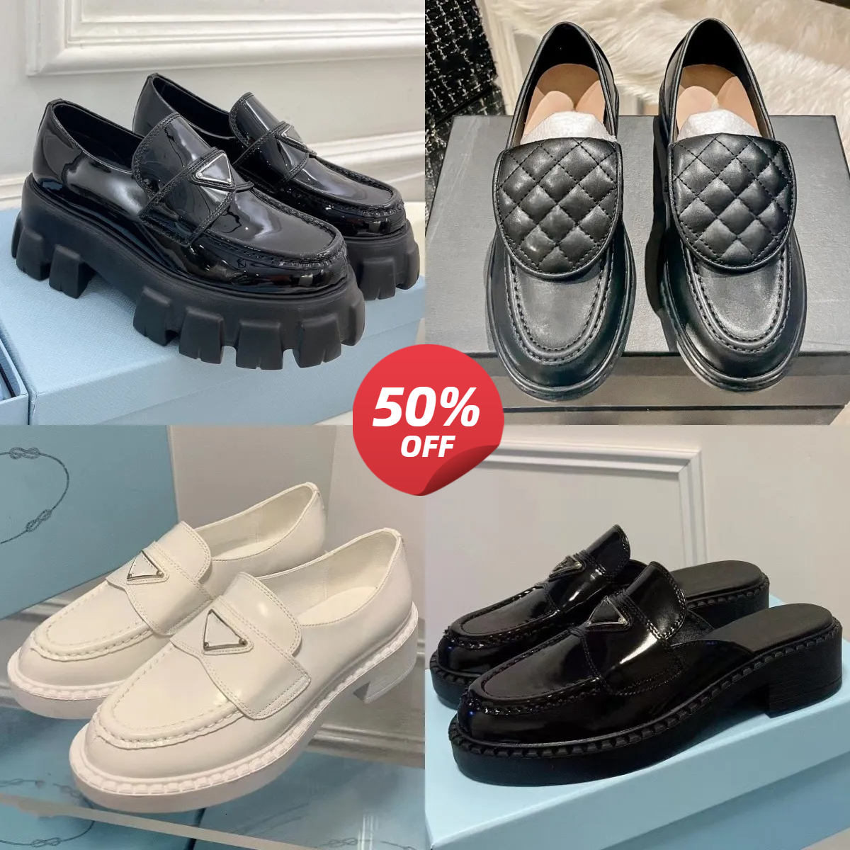 Designer Black Dress Shoes Loafers Women Thick Soled Quilted Leather Cover Mule Patent Shoes Metal Buckle Slip-On Flat Shoes Mule Square Toes Soft Leather Shoes