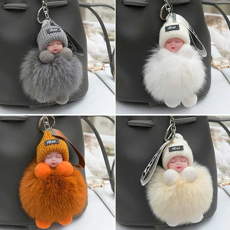 Pompom Sleeping Baby Keychain Cute Fluffy Plush Doll Keyholder Women Girl Bags Keyrings Cars Key Ring Gift Charming DecorationXJ250319