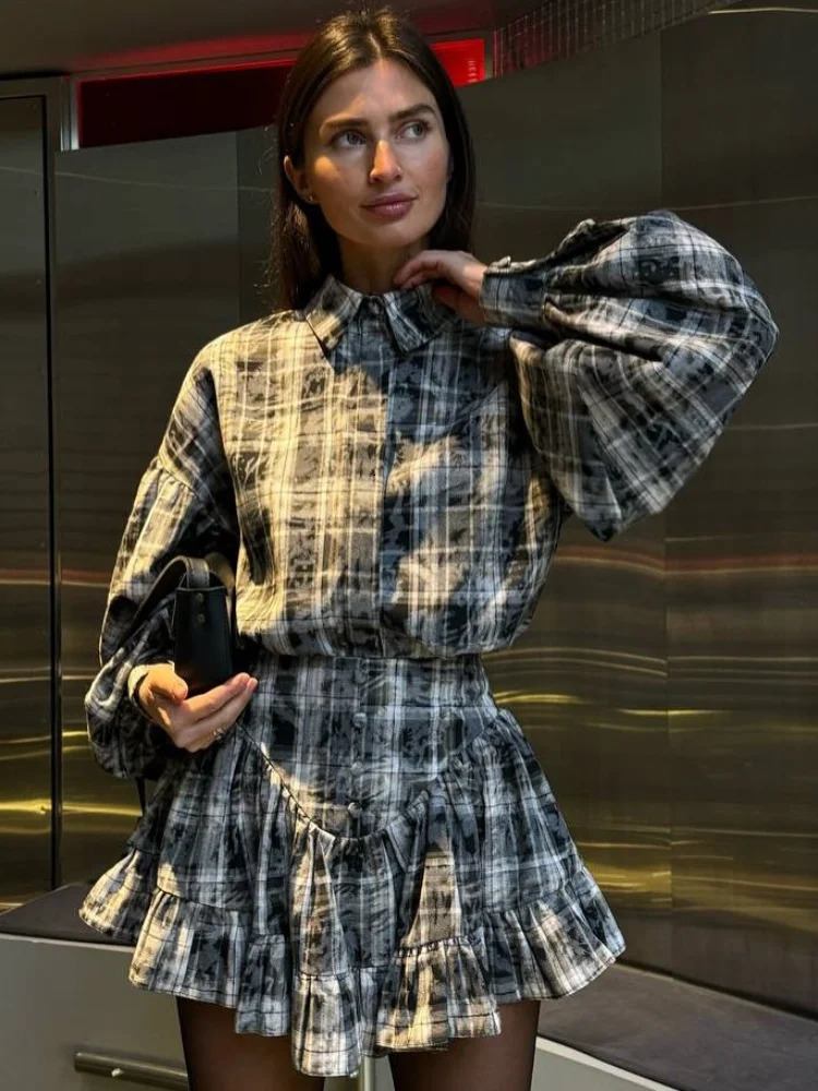 Womens fashion printed plain pleated mini leather waist long lantern sleeve shirt set 2025 womens high street jacket 250320