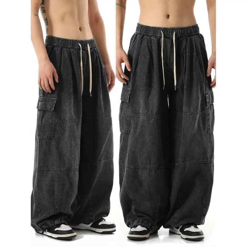 Y2k black bagged cargo jeans mens streetwear casual hippie jogging wide leg oversized mens jeansT250319