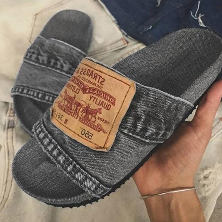New 2025 women's sandal pure color leisure denim peep-toe flat low-top slippers for beach
