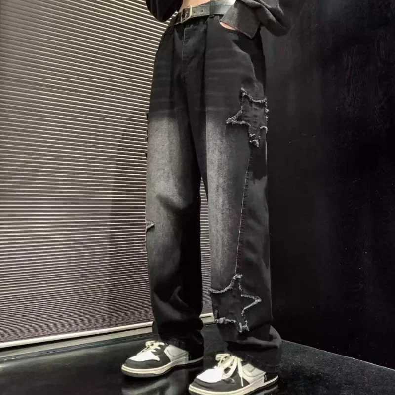 Stars Patchwork Men Jeans New Fashion Y2K Tassel Pants Korea Clothes Straight Hip Hop Splicing Trousers Male StreetwearT250319