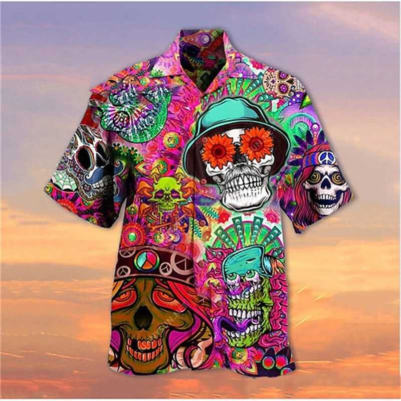 Latest Skeleton Collar Mens Shirt Horror 3D Printing Casual Hawaiian Shirt Mens Retro Shirt Mens Button Short Sleeve Mens Clothing M250320