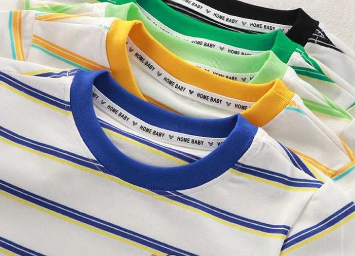 2025 childrens short sleeved boys and girls summer new striped T-shirt baby thin half sleeved bottom shirt casual wearT250320
