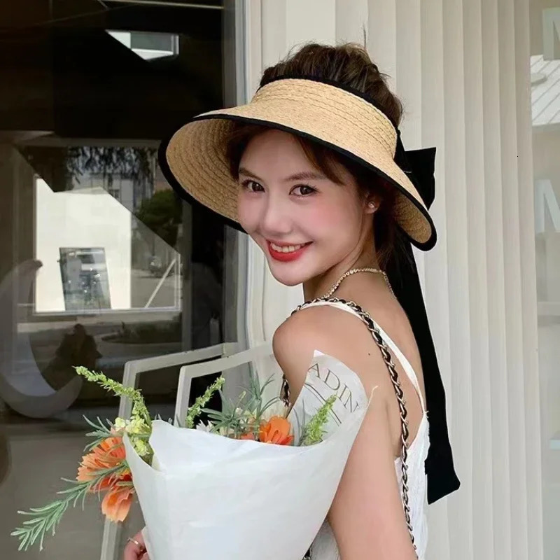Korean Style Large Edge Empty Top Wine Rafia Straw Hat Womens Bow Summer Outdoor Anti-UV Sports Beach Sun Hat Wholesale 250320