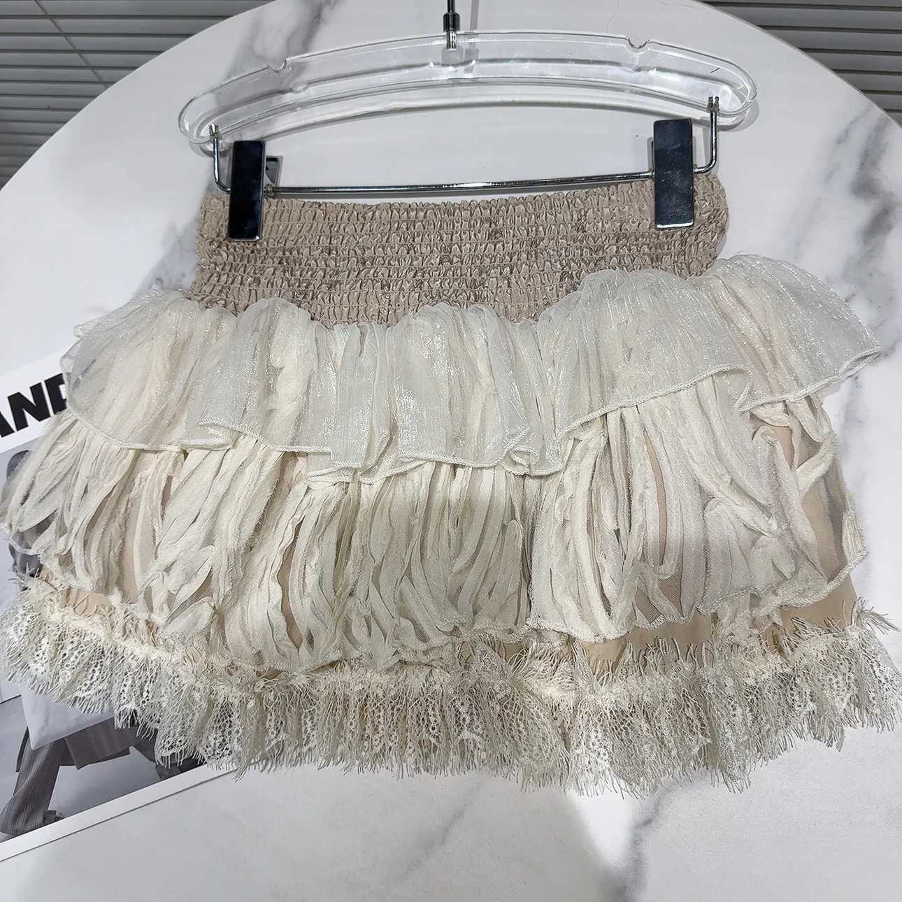 PREPOMP 2024 Summer New LTI Layer Lace Ruffle Fluffy Short Mini Skirt for Women GR091XJ250320