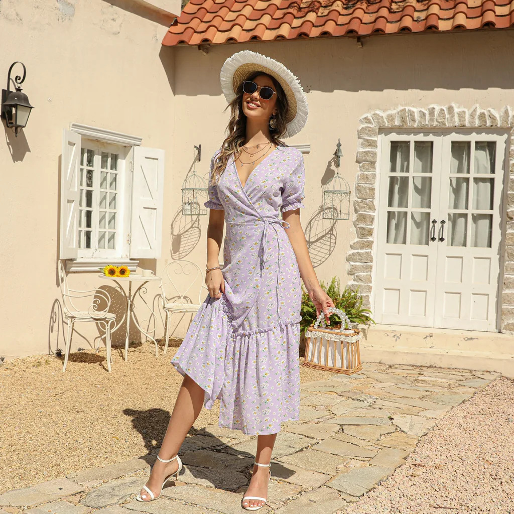 Womens Sexy V-neck Chiffon Print Dresses 250314