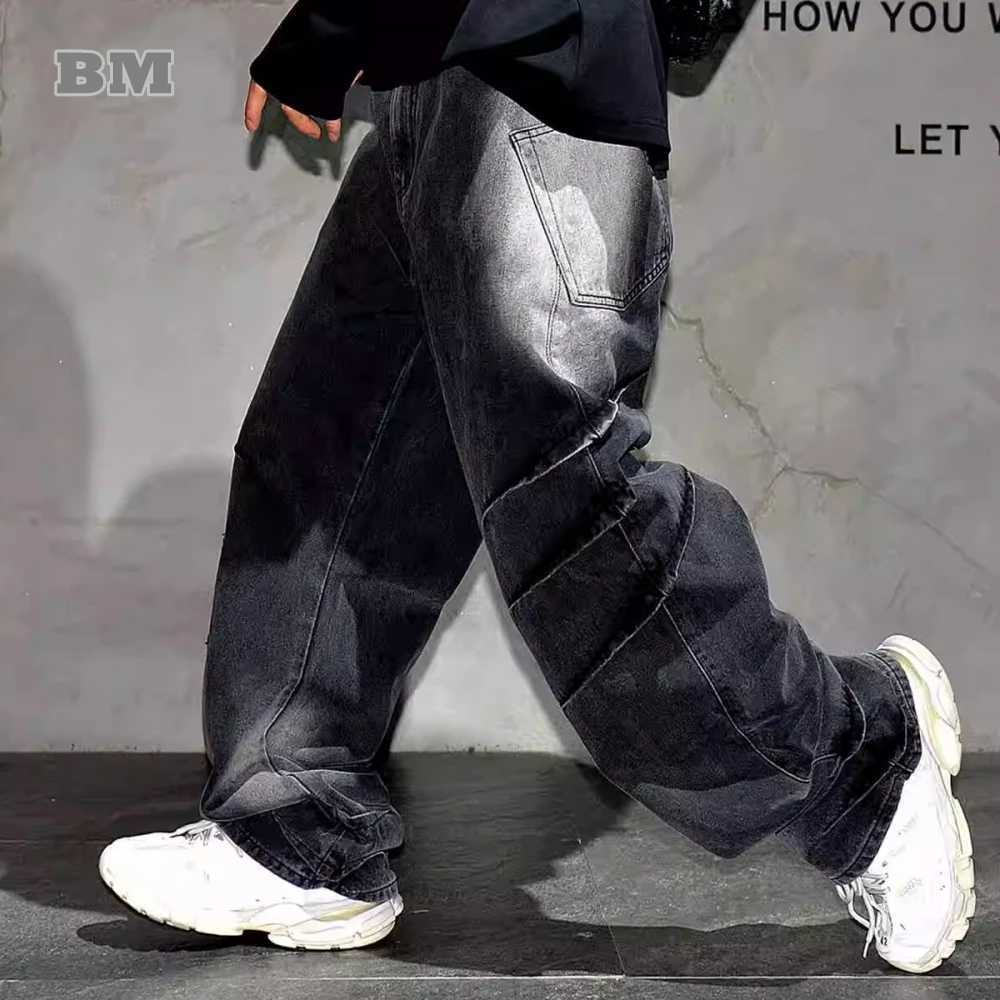 High quality black retro casual gradient cargo jeans streetwear straight leg jeans hip-hop jeans Kpop Trouser mensT250319