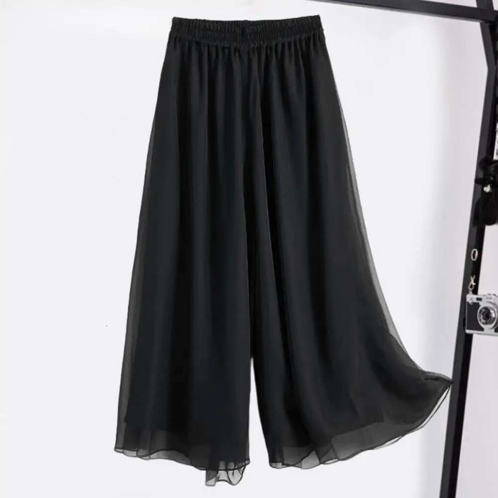 Women Pants Solid Color Elastic Waist Wide Leg Double Layers Loose Trousers Daily Wear Pleated Lady Culottes Female Clothes