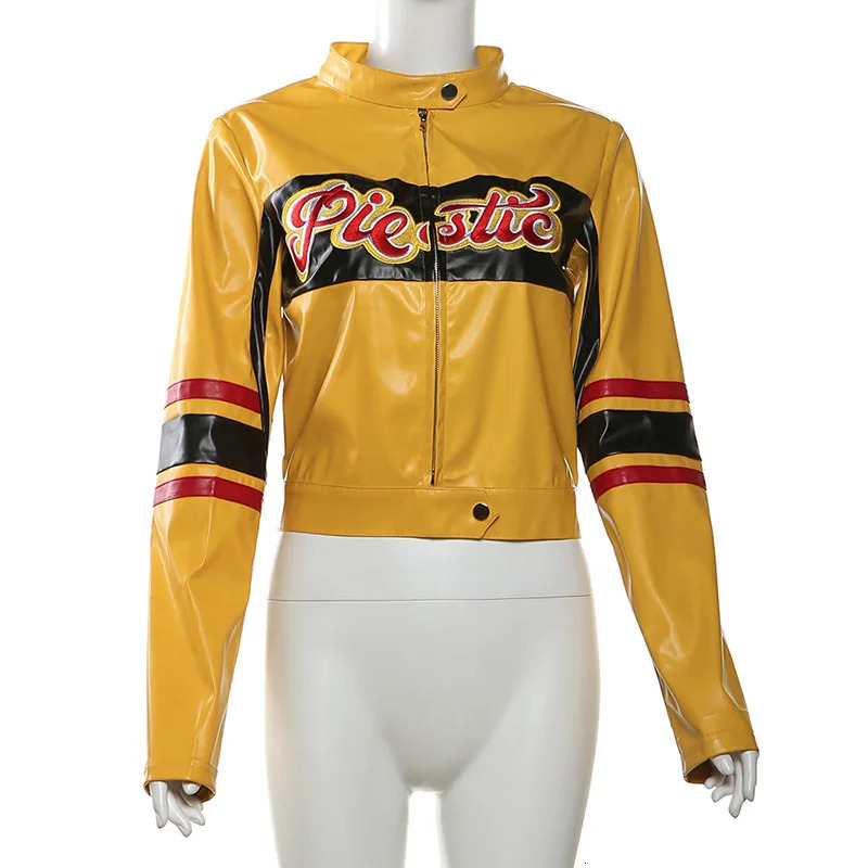 Winter leather jacket womens crop university baseball Y2K streetwear cyber racing patch work 250314