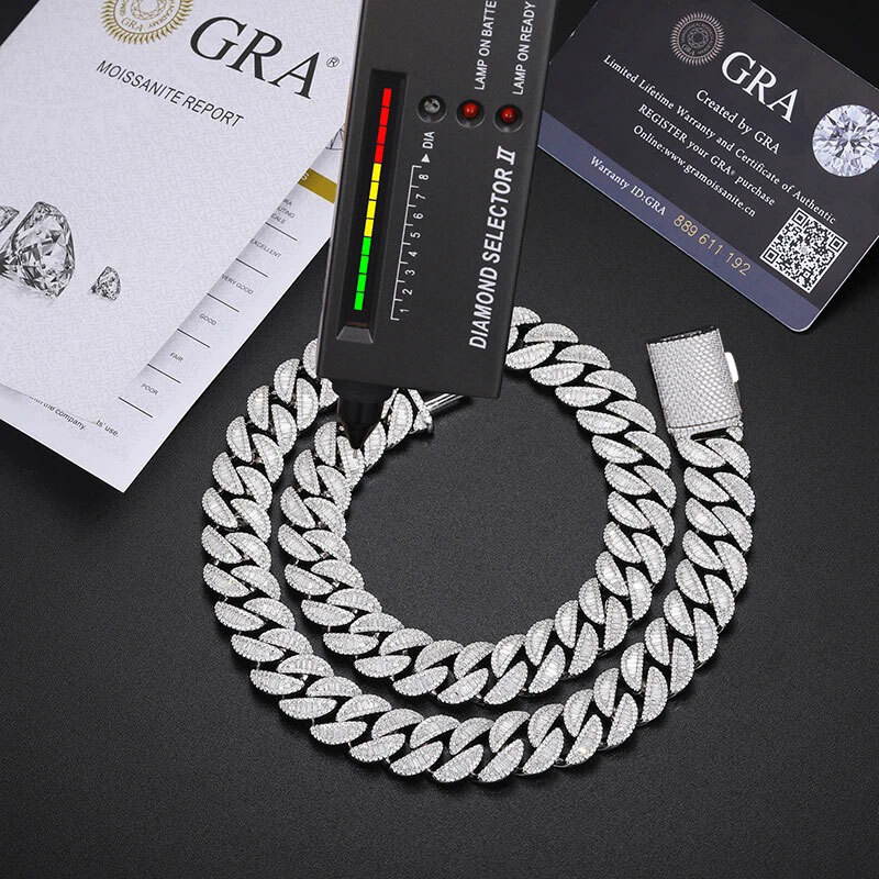 High Quality Unisex VVS1 Baguette Moissanite Cuban Chain Necklace 925 Silver For Men Hip Hop Jewelry