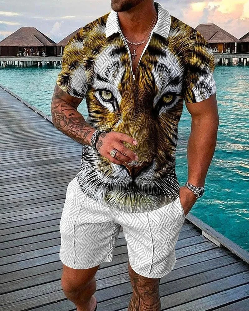 Abstract Pattern 3D Printed Polo Shirt 2-piece Zipper Collar Polo Set Zipper NecklaceShorts Hawaiian Holiday Style Mens Wear 250318