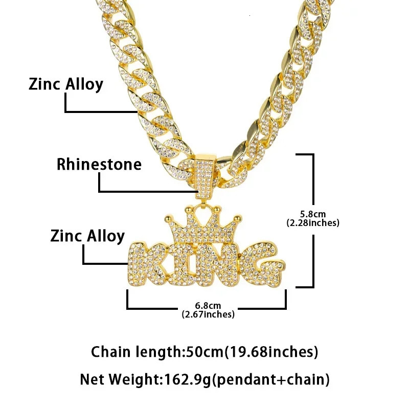 Men Women Hip Hop Bling KING QUEEN Letter Pendant Necklace 13mm Miami Cuban Link Chain Necklaces Iced Out Charm Fashion Jewelry 250320