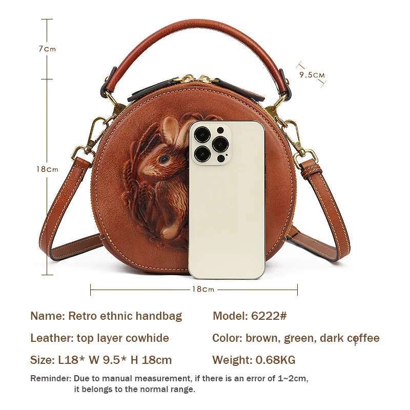 MOTAORA 2025 New Retro Round Women's Genuine Leather Handbags For Ladies Designer Rabbit Emed Shoulder Messenger Bags