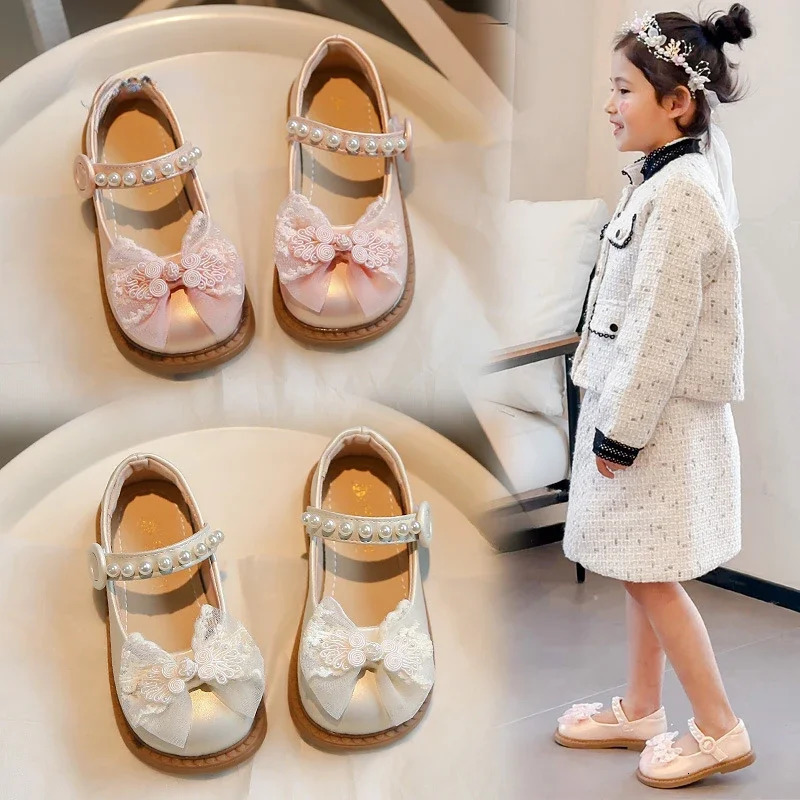 Girl Princess Shoes SpringSummer Style Bow Childrens Anti slip Soft Bottom Bead PU Leather Cushion Size 2334 250319