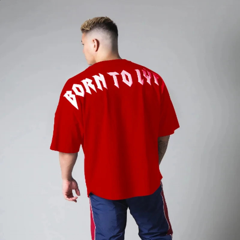 High quality gym T-shirt mens bodybuilding printed loose T-shirt sports T-shirt mens clothing cotton short sleeved sports shirt 250317