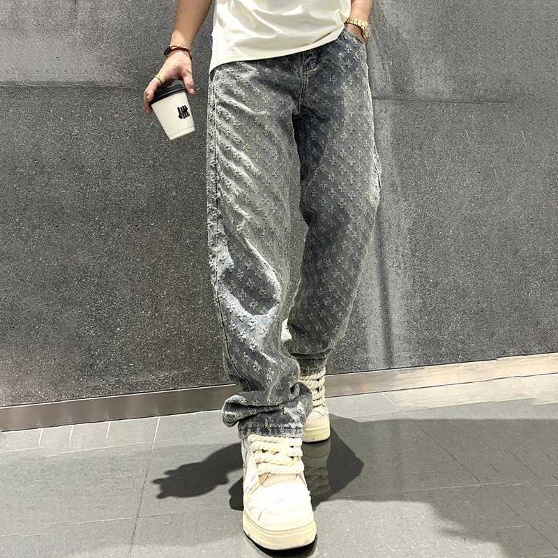 Jacquard pattern denim pants mens straight pocket bottom mens loose jeansT250319