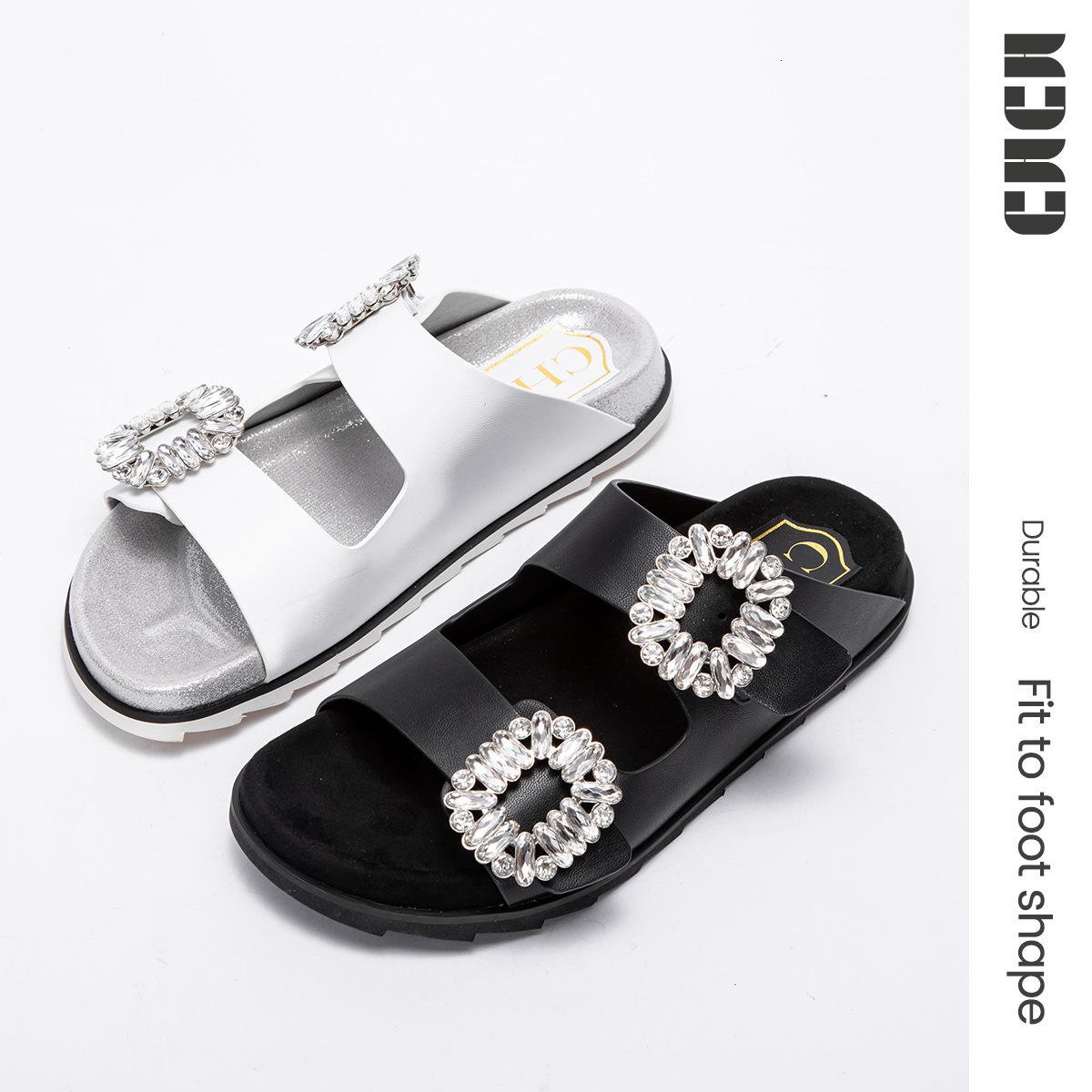 Designer CHCH Square Button Rhinestone Thick Bottom Women On The Beach Double Straps Straight Line, Wearing Slippers For Leisure And Fashion, Paired W
