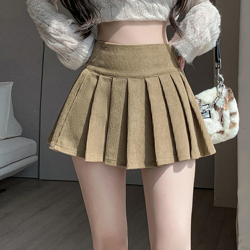 Autumn Winter Retro Womens Corduroy Pleated Skirt High Waist Casual Vintage School Short Saias Femme 250320