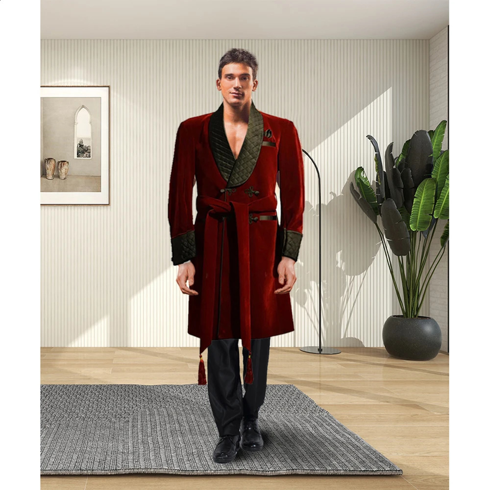 Elegant Mens Suits Black Shawl Lapel Belt Blazer Burgundy Velvet Long Jacket 1 Piece Daily Casual Smoking Male Clothing 250311