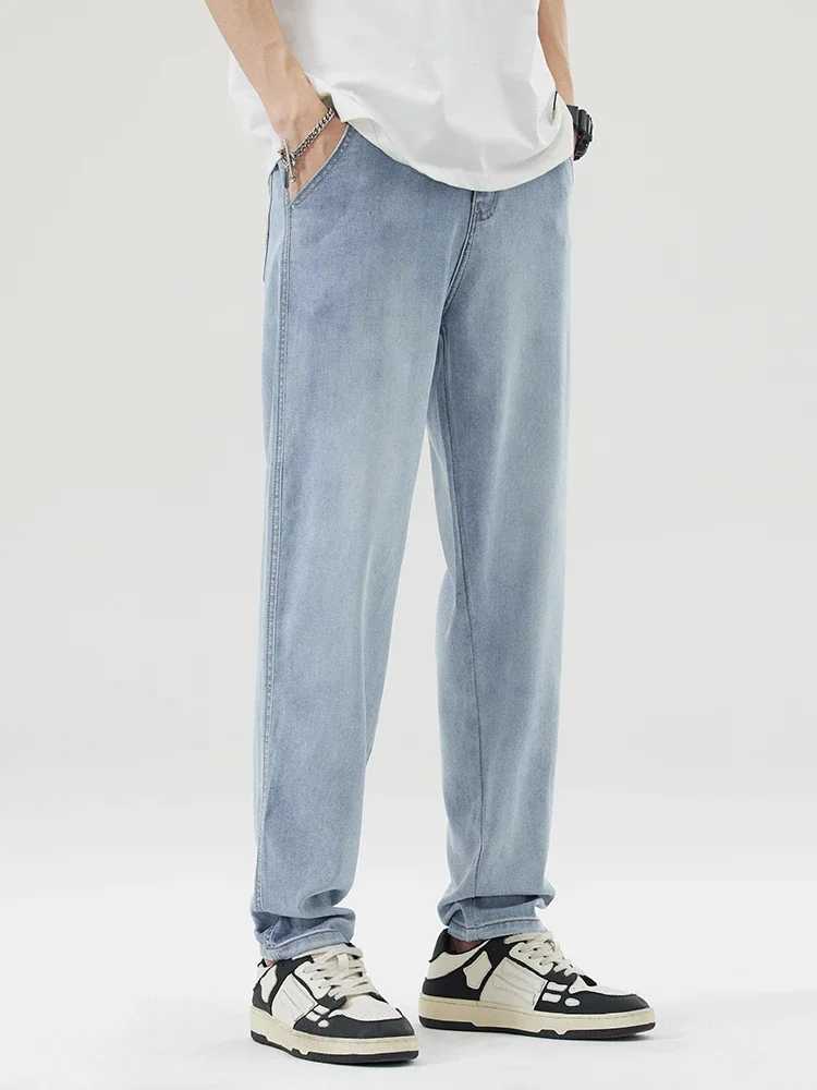 Thin and straight Lyocell mens summer new soft breathable elastic casual and fashionable Korean gray blue denim mens TrouserT250319