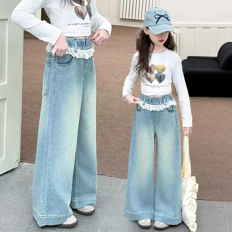 Spring Autumn New Lace Design Girls Casual Jeans Middle Waist Denim Wwide leg Pants Kid Clothes For Girls 6 8 10 12 14YearsT2502320