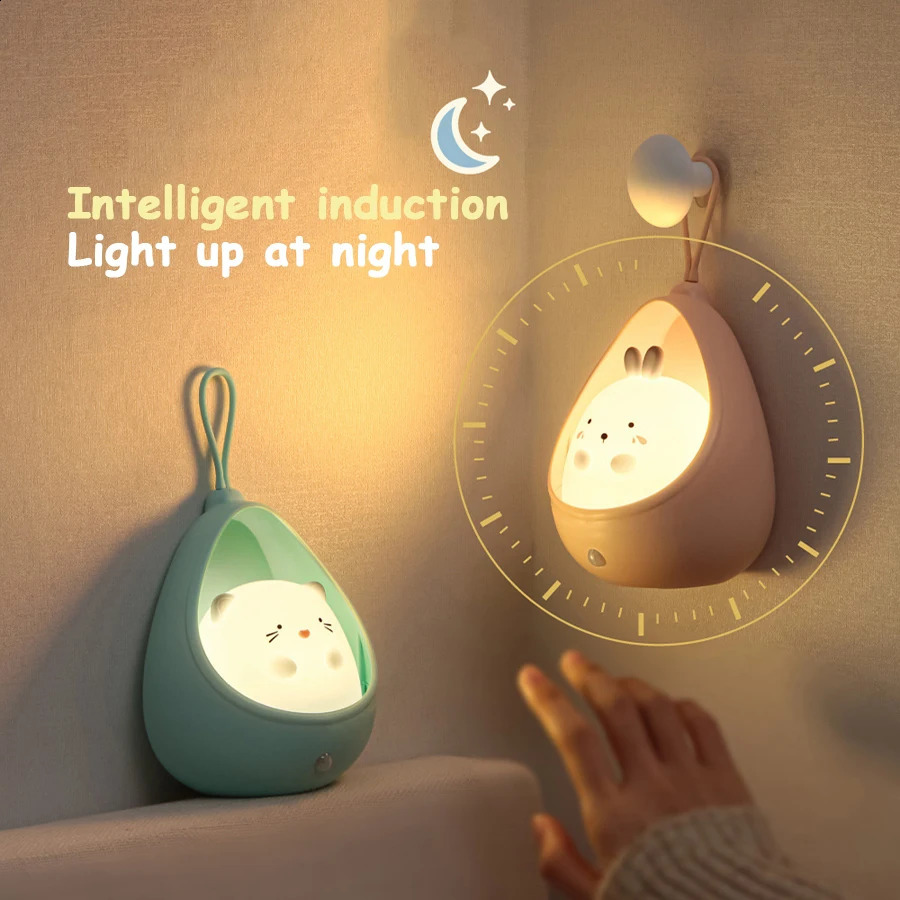 Night Light with Sensor Control cute animal Human Induction lamp For Kids Bedroom USB Rechargeable Silicone LED wall lights 250319