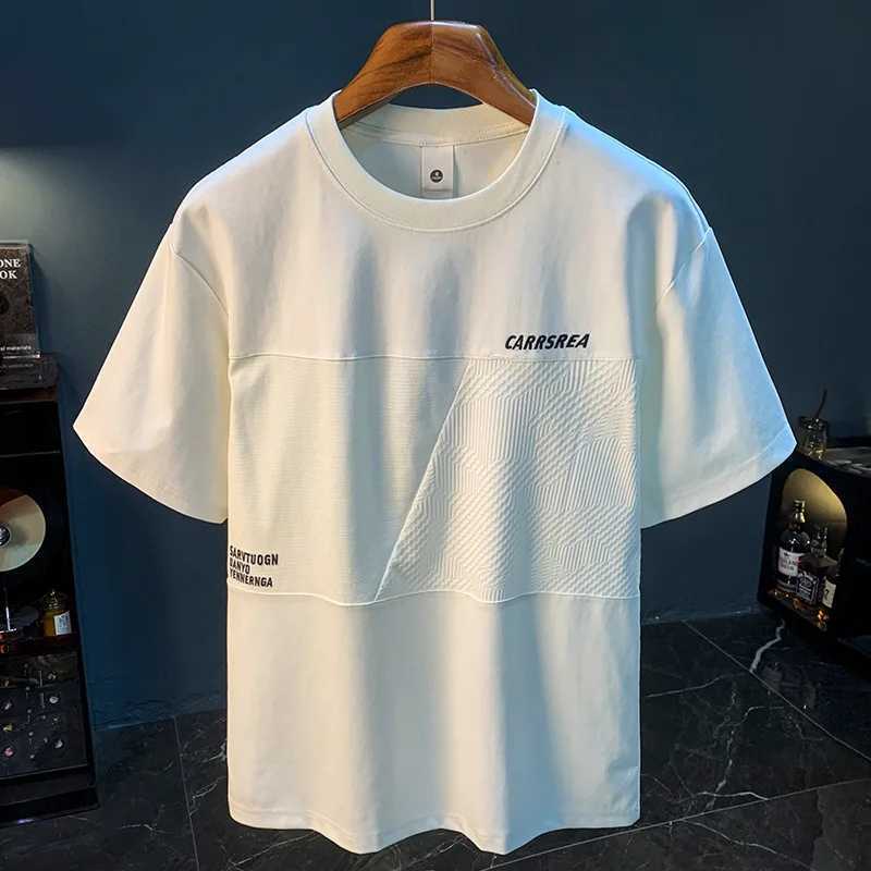 High end T-shirt mens summer 2025 embroidered loose breathable elastic design spliced short sleeved topT250319