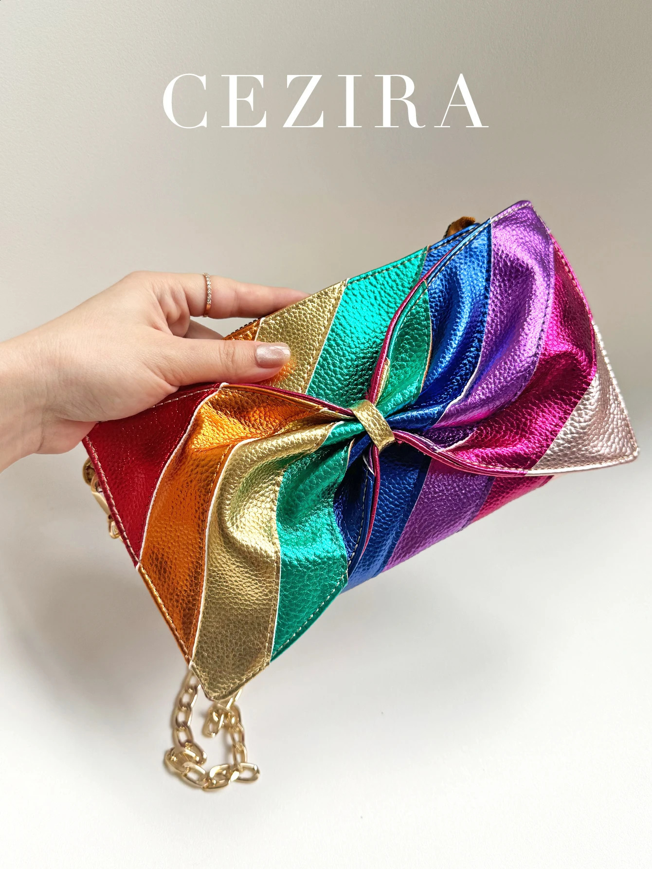 metal vegan leather handbag with colorful striped patch work sweet PU bow clutch chain cross body bag Funky Y2K 250317