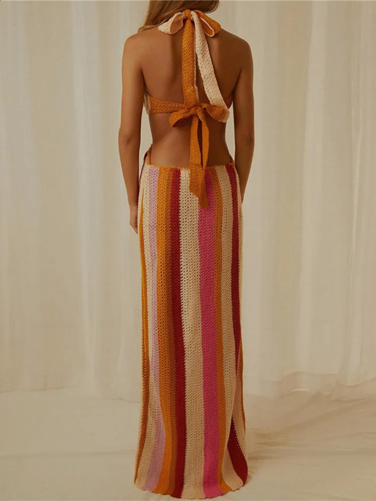 hirigin Women Ribbed Knit Halter Maxi Dress Sleeveless Cutout Knitted Long Dress Crochet Backless Spaghetti Strap Bodycon Dress 250319