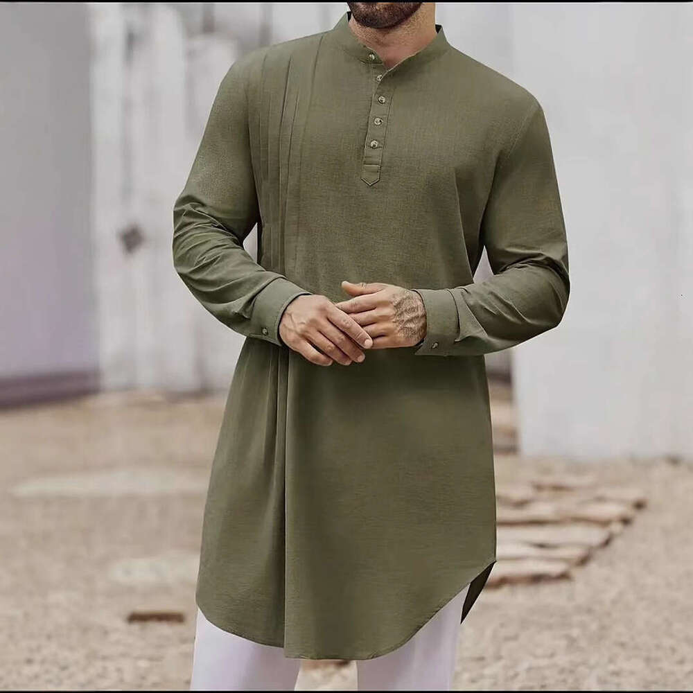 2025 New Arab Malaysian Men's Button Cotton And Hemp Shirt Muslim Robe