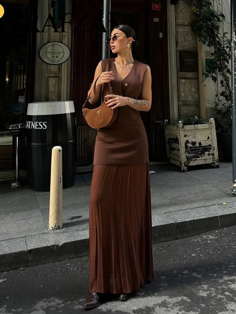 TRAFZA 2025 womens knitted vest Vneck sleeveless button tophigh waisted zipper splicing long streetwear 250320