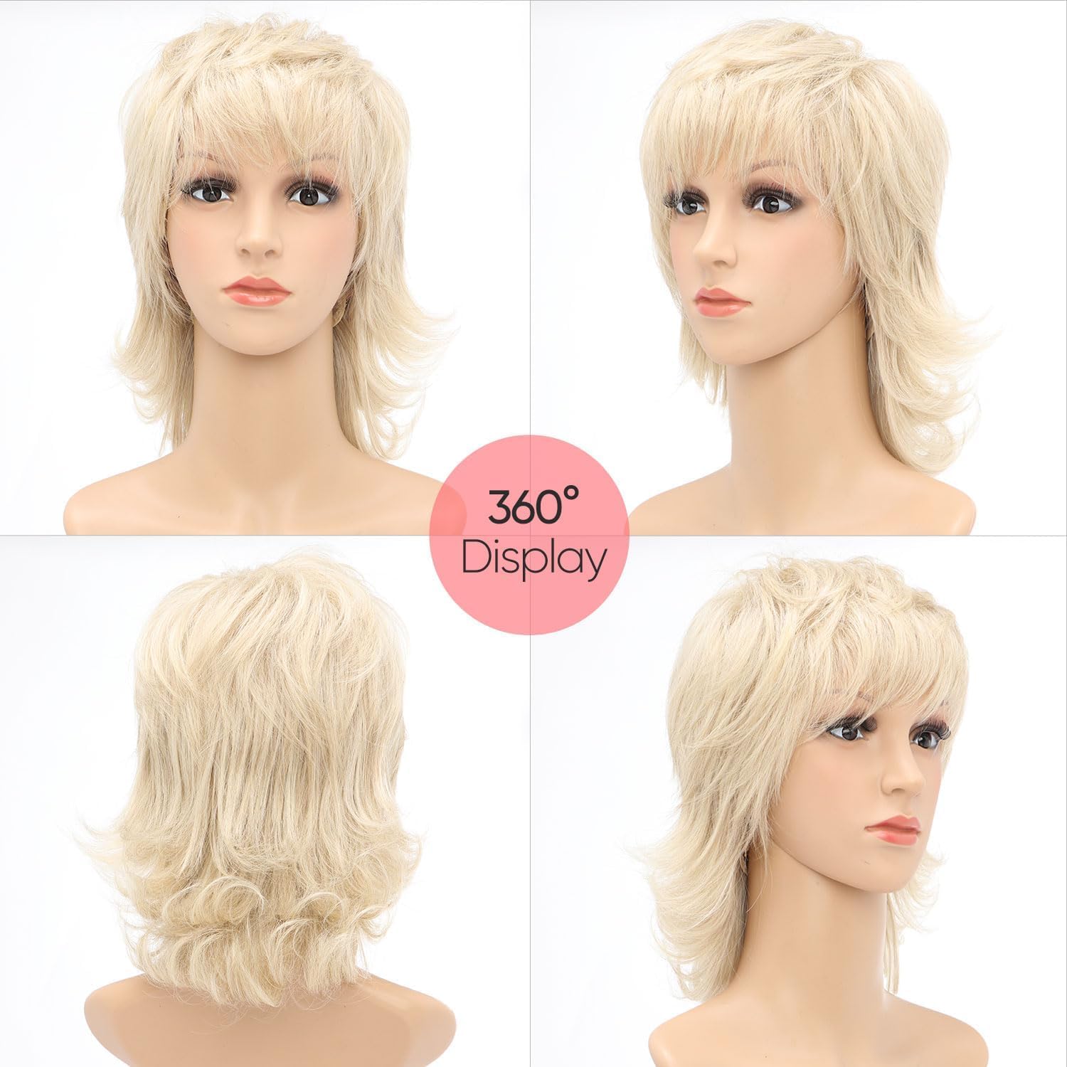 Short Blonde Wig Shaggy Layered 80s Mullet Blond Wig Pixie Cut Wig With Bangs Curly Synthetic Natural Fake Hair Replacement Wigs for White Women Daily