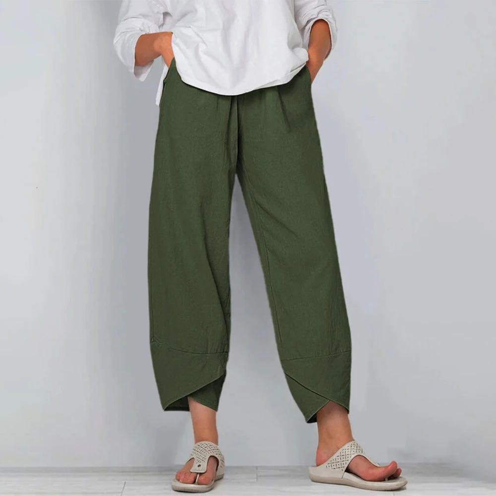 Women Cotton Linen Harem Pants Vintage Printed Wide Leg Trousers Casual Solid Pockets Harajuku High Waist Baggy Pants Joggers 250320