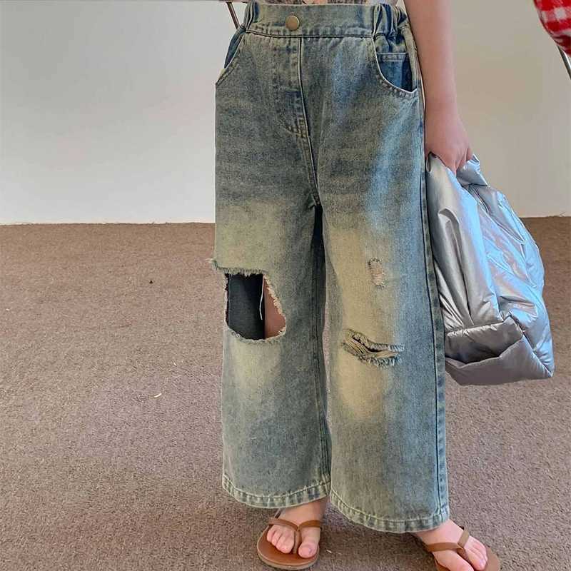 Autumn girls ripped jeans summer new styles childrens contrasting color pocket pants personalized retro wide leg pantsT2502320