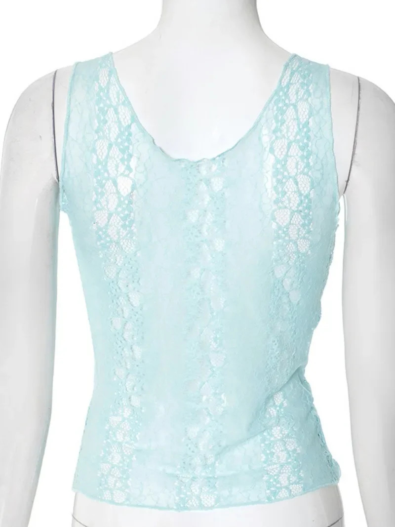 Woman Clothes Lace Tank Tops 2025 Sexy Deep V-neck See-through Sleeveless Blue T Shirt Female Corset Crop Top Party Clubwear 250320