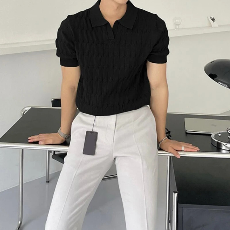 Summer Clothing Mens Knitted Jacquard Skinny Polo Shirt Korean Breathable Leisure V Neck Short Sleeve Knitwear 250319