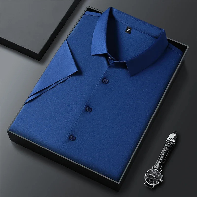 Mens Business Casual Solid Color Short Sleeved Shirt for Summer Fashion No Ironing Comfortable and Versatile Top 250320