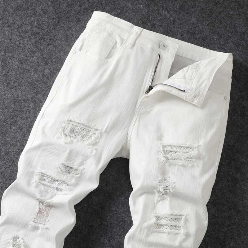 New mens casual torn denim jeans adhesive fabric hot stamping elastic small straight leg pants holes destroy AmericaT250319