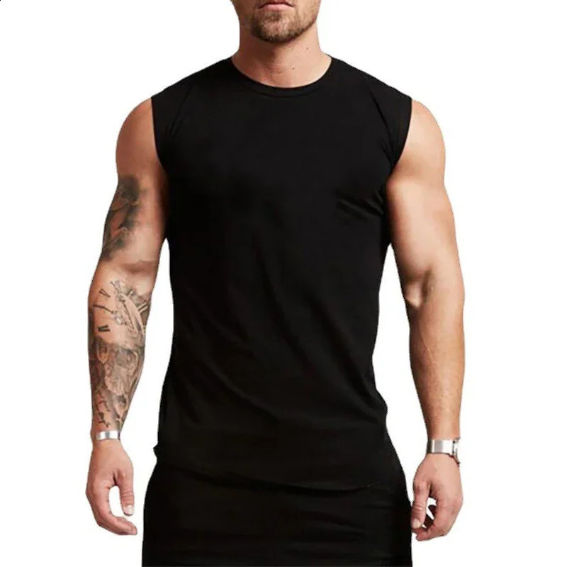 Compressed cotton vest mens gym breathable clothing fitness sleeveless Tshirt summer exercise casual sports muscle 250319