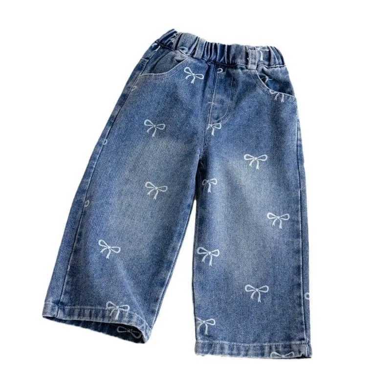 Childrens jeans new clothes girls bow print pants 2025 Korean version fashion pants childrens loose straight leg jeans 1-6 yearsT2502320