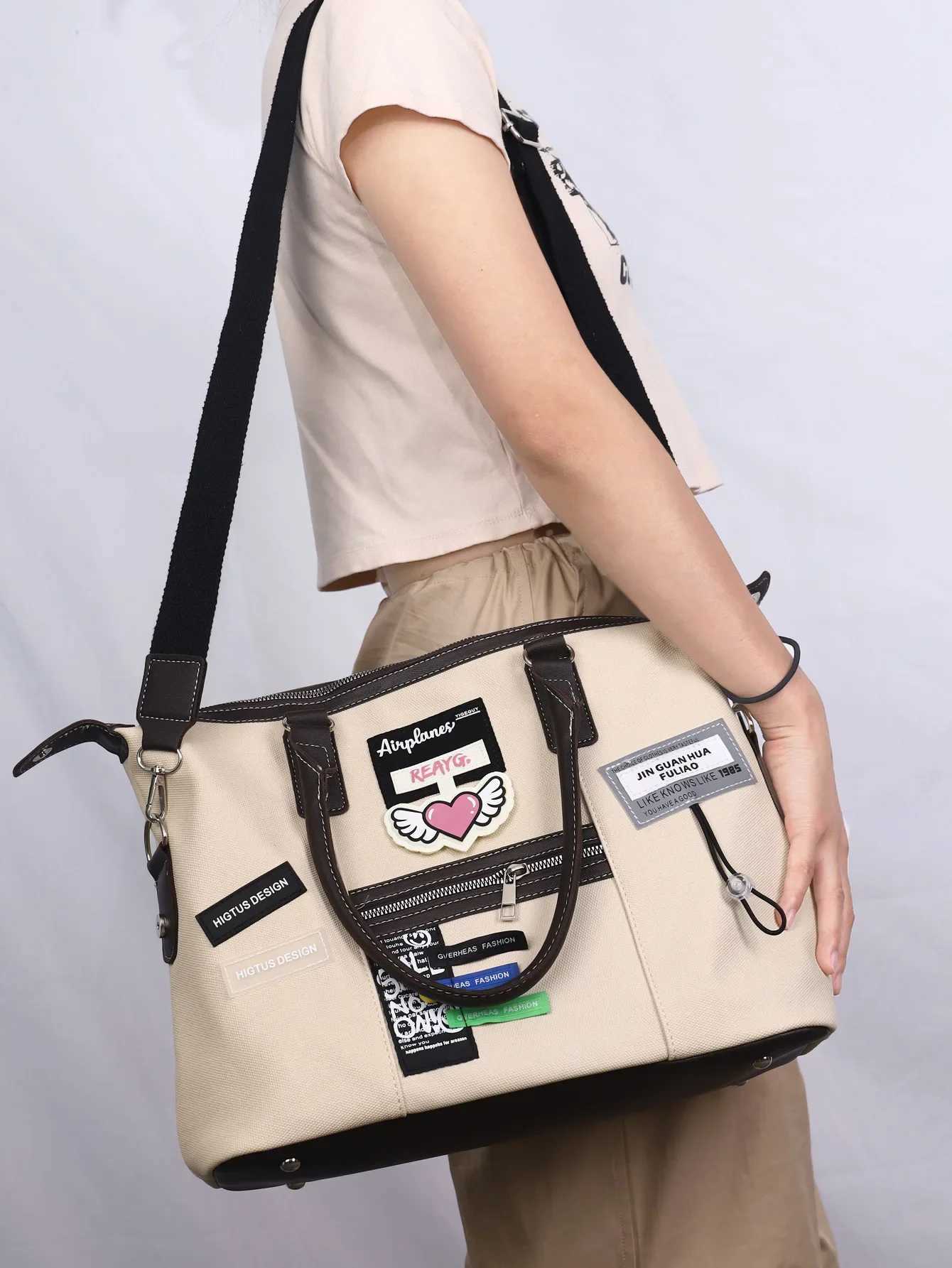 Womens bag retro creative label casual canvas cross body travel bag trend large capacity travel bag Y250319
